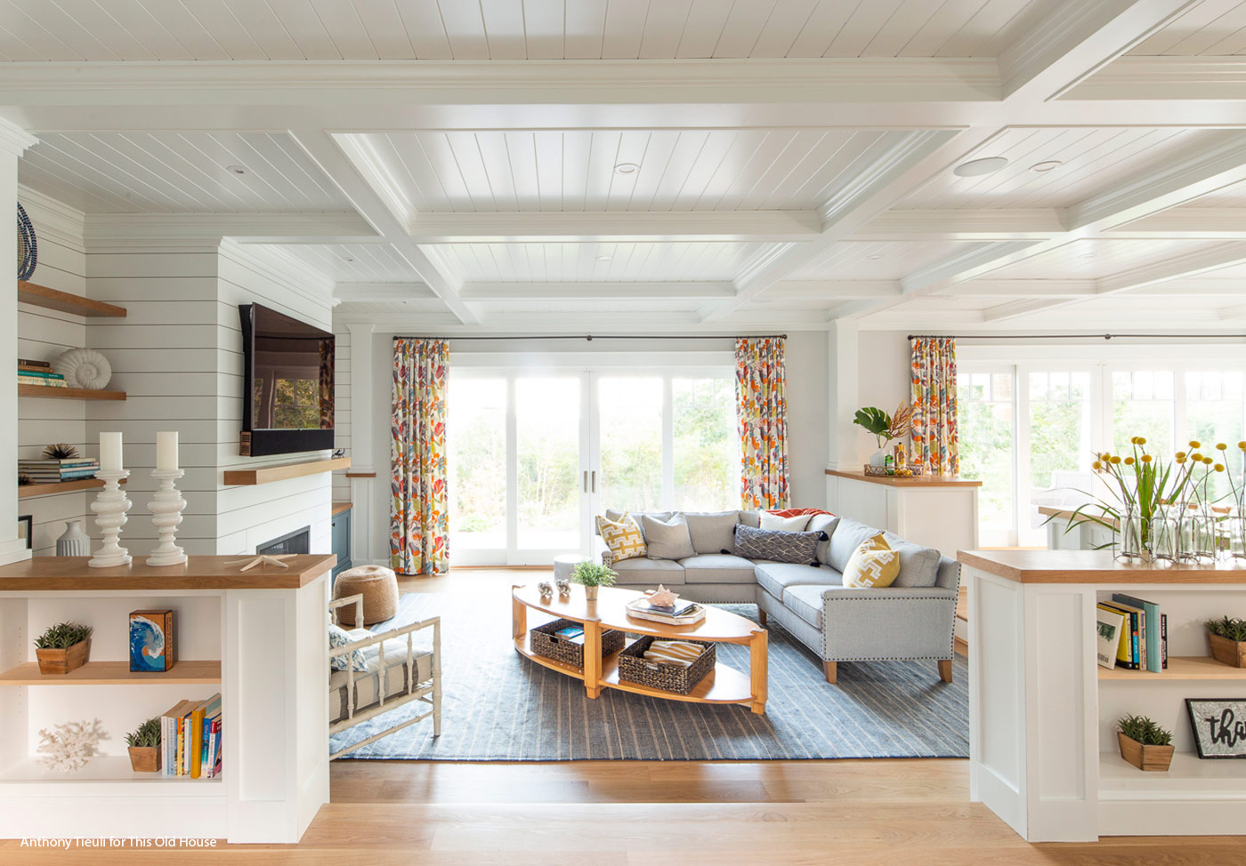 Wood accents throughout the open living space.