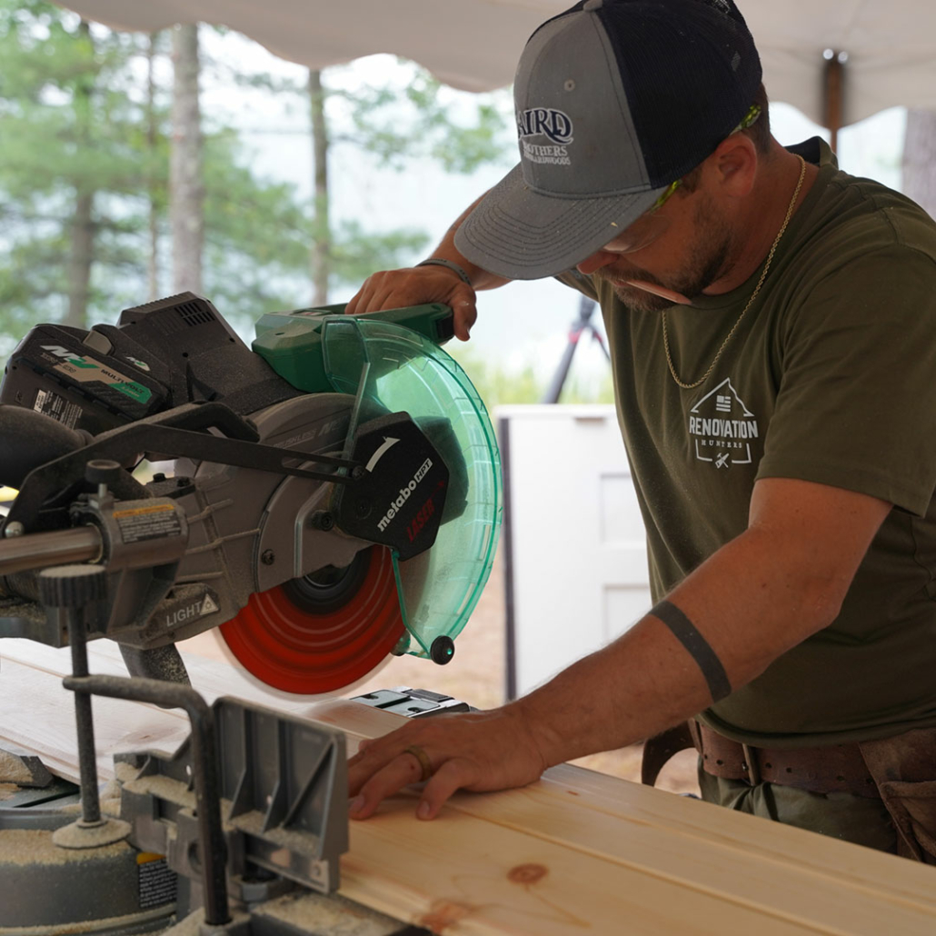 Cutting lumber for Renovation Hunter’s tiny home renovation.