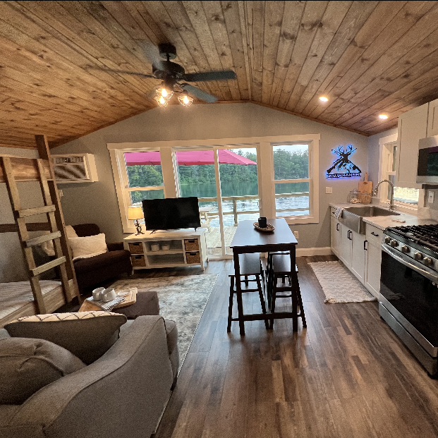 Updated living space in the modern tiny house featured on Renovation Hunters.