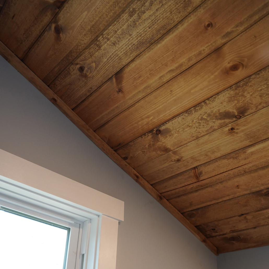 Hardwood ceilings featured on the tiny house makeover in Renovation Hunters season 2.