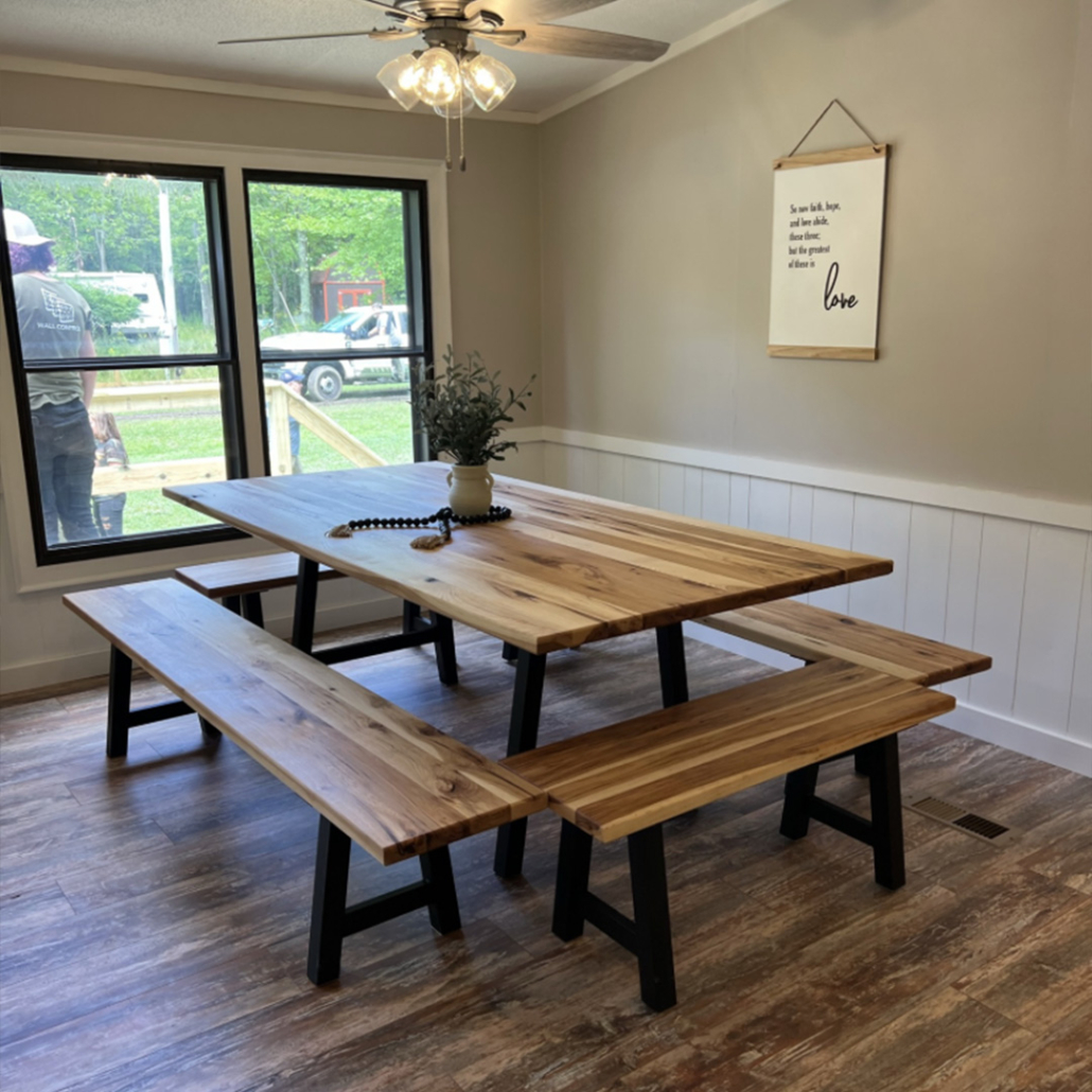 New kitchen table hand-crafted during Renovation Hunters’ mobile home makeover.